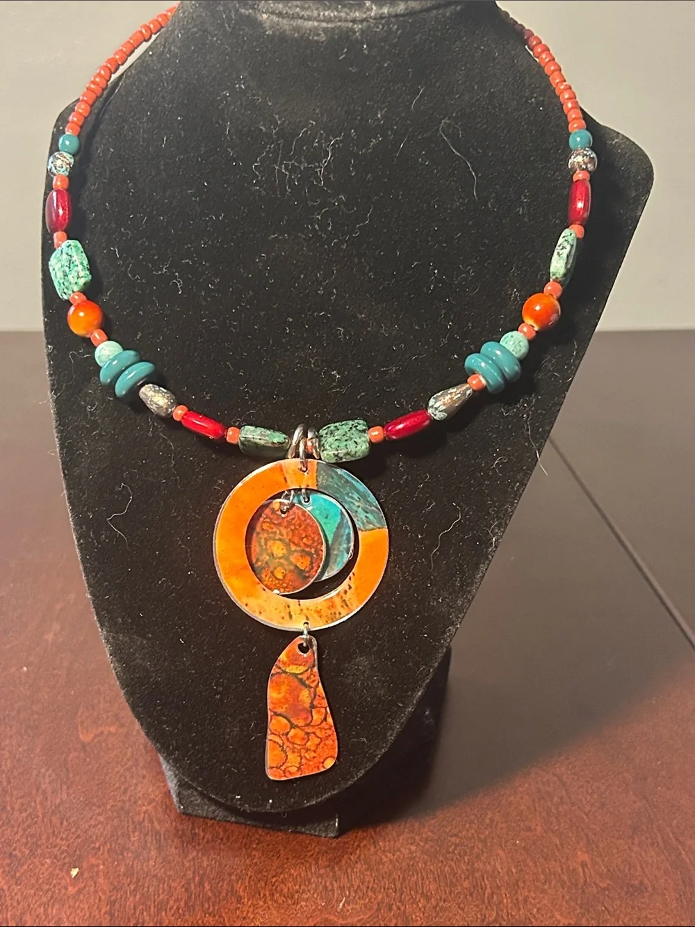 Vibrant Orange & Turquoise Mixed Bead Pendant Necklace